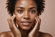 © ThomasLENNE - Beauty, portrait and natural face of black woman with healthy freckle skin texture touch. Aesthetic, facial and skincare cosmetic model girl touching cheeks for self love and wellness.