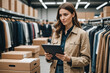 © ThomasLENNE - Tablet, logistics and confident fashion manager with a checklist in retail store clothes or clothing boxes inspection.