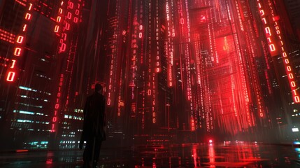 Leinwandbilder - A lone figure stands in a futuristic city filled with towering structures, each composed of glowing red binary code.