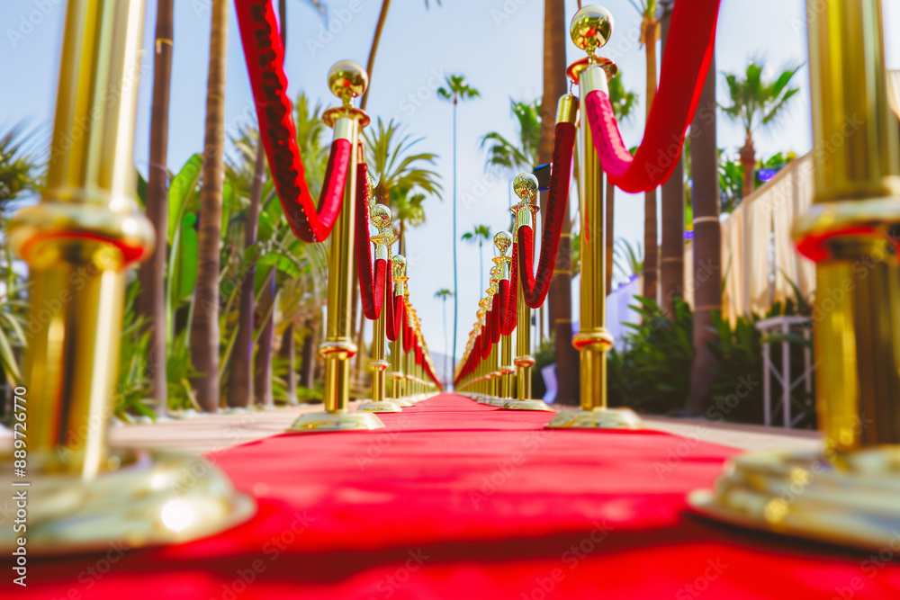 Luxurious red carpet entrance with golden stanchions and velvet ropes ...