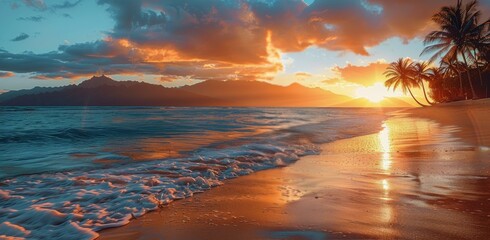 Canvas Print - Tropical Beach Sunset With Palm Trees and Foamy Waves