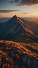 Wall Mural - Stunning aerial landscape mountain peak at sunset