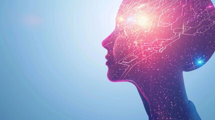 Poster - silhouette of a human head with glowing circuits and stars