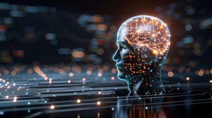 Wall Mural - digital human head with illuminated brain network