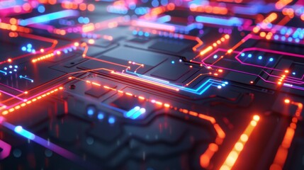 Wall Mural - Closeup View of a Circuit Board With Glowing Red and Blue Wires