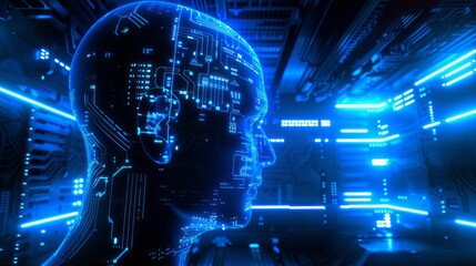 Poster - digital human head rendered in blue circuitry with neon lights