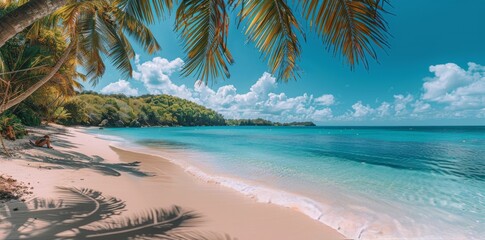 Wall Mural - Tranquil Beach Scene With Palm Trees and Turquoise Water on a Sunny Day