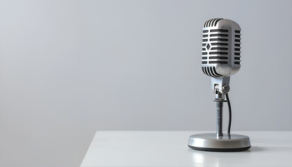 Poster - Microphone on table against white background. Space for text