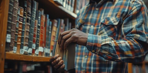 Canvas Print - Person Holding a Book in a Library Aisle