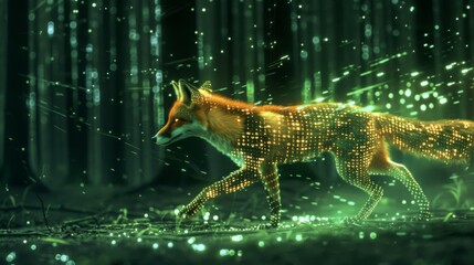Fototapete - A red fox with a digital, glowing pattern walks through a green forest with a magical glow.