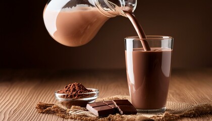 Wall Mural - chocolate milk or cocoa drink pouring into glassbackground