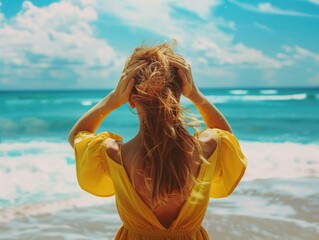 A woman stands on the beach wearing a bright yellow dress, with the ocean and sky in the background