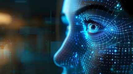 Poster - A futuristic close-up of a woman's face overlaid with digital data, symbolizing the intersection of humanity and technology. Perfect for concepts related to AI, digital innovation, and the future