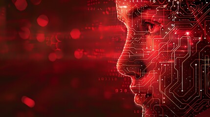 Poster - A futuristic digital art depicting a human face seamlessly merging with intricate circuit patterns, bathed in a vibrant red glow. Perfect for technology, AI, or cybersecurity themes