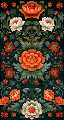 Poster - Elegant Chinese pattern with bright colors and flowers, perfect for wallpaper or fabric.