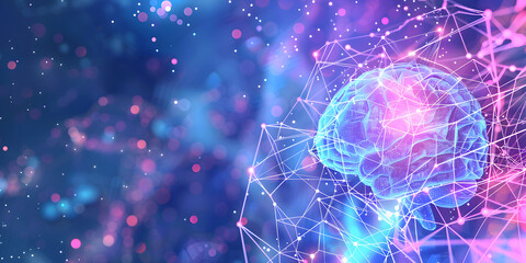 Poster - visualization of artificial intelligence in the form of a brain. abstract background in pink and blue colors