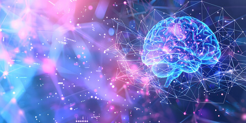 Poster - visualization of artificial intelligence in the form of a brain. abstract background in pink and blue colors