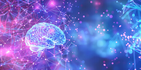 Poster - visualization of artificial intelligence in the form of a brain. abstract background in pink and blue colors