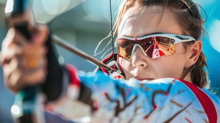 Wall Mural - A woman is holding a bow and arrow and wearing sunglasses