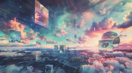 Poster - A dreamy scene with digital frames in a sky of pink, orange, and blue, like a sunset in the clouds