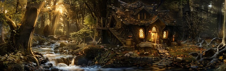 Wall Mural - A forest scene with a house in the middle. The house is surrounded by trees and a river