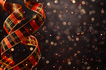 Elegant red New Year's background with New Year's balls and Christmas tree branches. Illustration of New Year's decorations on a blurry background with circle bokeh and copy space.