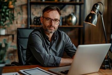 Poster - A man wearing glasses sits at a desk with a laptop in front of him. He is focused on his work