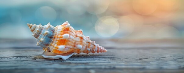 Wall Mural - A close up of shell is sitting on a wooden surface. Free copy space for banner.