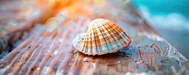 Wall Mural - A close up of shell is sitting on a wooden surface. Free copy space for banner.