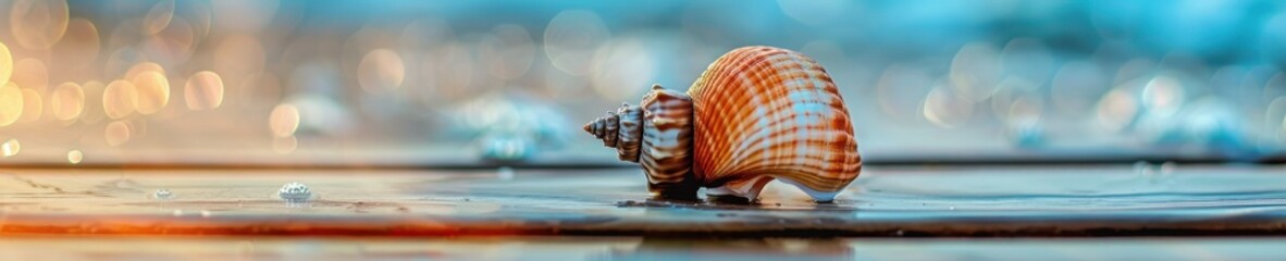 Wall Mural - A close up of shell is sitting on a wooden surface. Free copy space for banner.