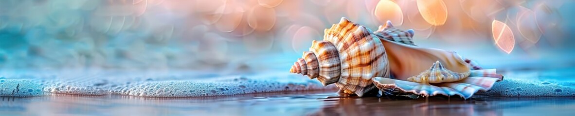Wall Mural - A close up of shell is sitting on a wooden surface. Free copy space for banner.
