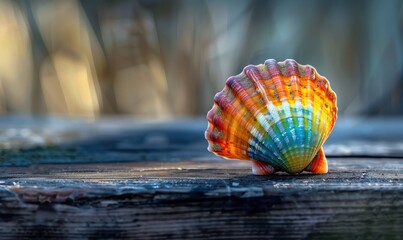 Wall Mural - A close up of shell is sitting on a wooden surface. Free copy space for banner.