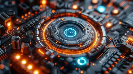 Poster - close up of a futuristic technology lens with orange glowing lights