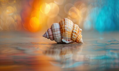 Wall Mural - A close up of shell is sitting on a wooden surface. Free copy space for banner.
