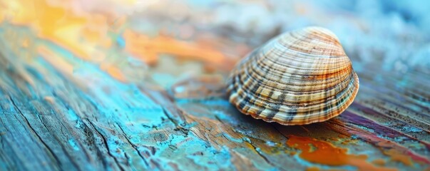Wall Mural - A close up of shell is sitting on a wooden surface. Free copy space for banner.