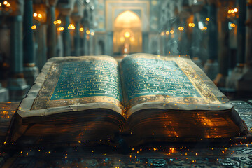 An open book of the Koran is prominently displayed, with a magical mosque in the background, creating a serene and spiritual atmosphere