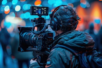 Wall Mural - a professional videographer, captured from behind, is filming with high-end camera equipment in a vi