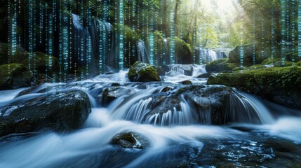 Poster - A cascading waterfall flows over moss-covered rocks in a lush green forest, with digital code cascading through the scene.