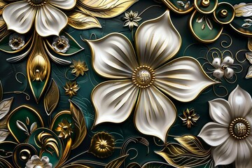 Poster - Luxury floral seamless with flowers elegant leather texture illustration background in golden, green, white, and black colors. 3d abstraction wallpaper for interior mural wall art decor, Generative AI