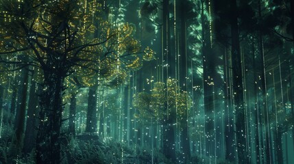 Aufkleber - A magical forest illuminated by strings of twinkling lights, creating an enchanting ambiance.