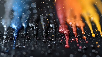 Poster - Abstract splashes of colorful paint dripping down a dark surface, creating a dynamic and textured visual effect. Perfect for artistic backgrounds, creative design projects, or vibrant decor.