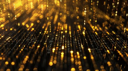 Fototapete - A digital background featuring binary code in a repeating pattern with a shimmering golden glow.