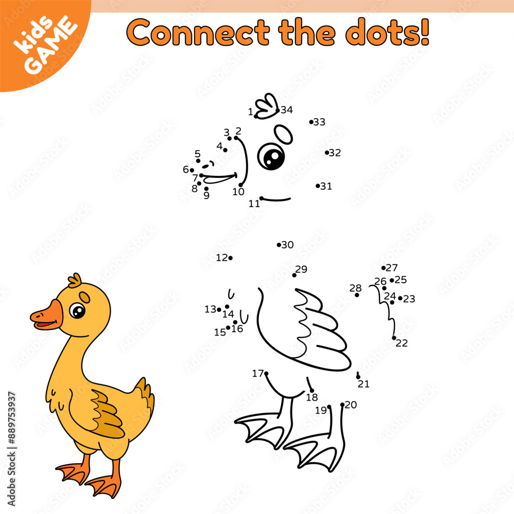 Dot to dot kids game with farm gosling. Connect the dots by numbers ...