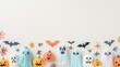 © mashimara - Cute Halloween decorations with jack-o'-lanterns, ghosts, and bats against a white background, creating a fun and festive scene.