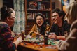 © spyrakot - Joyful LGBTQ Game Night with Friends Playing Board Games in a Warm, Cozy Home Setting