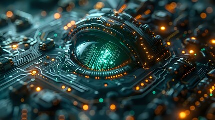 Poster - Close-up of a digital eye with glowing circuits, ideal for AI, technology, and cybersecurity visuals.