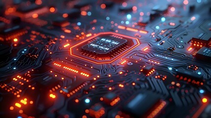Poster - close-up of a microchip with glowing circuits, ideal for technology, electronics, and innovation-the