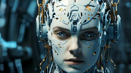 Poster - The face of a cyborg robot man, a mixture of human and computer artificial intelligence