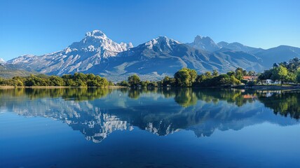 Wall Mural - A beautiful mountain range is reflected in the water of a lake. The sky is clear and blue, and the mountains are covered in snow. The scene is peaceful and serene, with the water