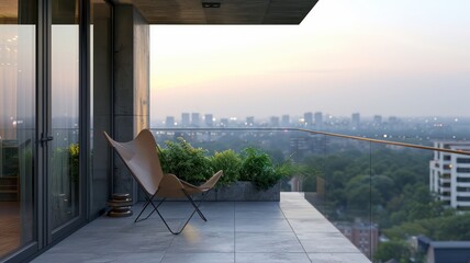 Wall Mural - A balcony with a chair and a potted plant. The view of the city is in the background